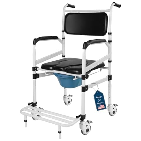 Eosprim Rolling Shower Chair with Handles Arms, Bedside Commode Chair with Wheel, Wheelchair for Elderly Disable,Heavy Duty Raised Toilet Seat Riser for Adults Cover