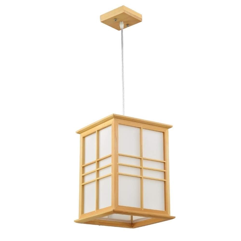 BLOOHK Minimalist Decor Pendant Light, Traditional Wood Lantern Hanging Lamp, Square Zen Chandelier for Dining Room, Bedroom, Tatami Room