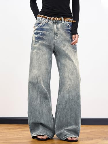 Image of EMMIOL Women Hip Hop 90s Vintage Baggy Jeans Denim Pants Mid Waist Jeans
