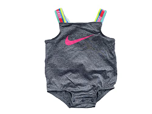 Image of Nike Baby Girls Rainbow Taping Bubble One Piece Swimsuit Romper (Dark Grey Heather/Pink, 6 Months, 6_Months)
