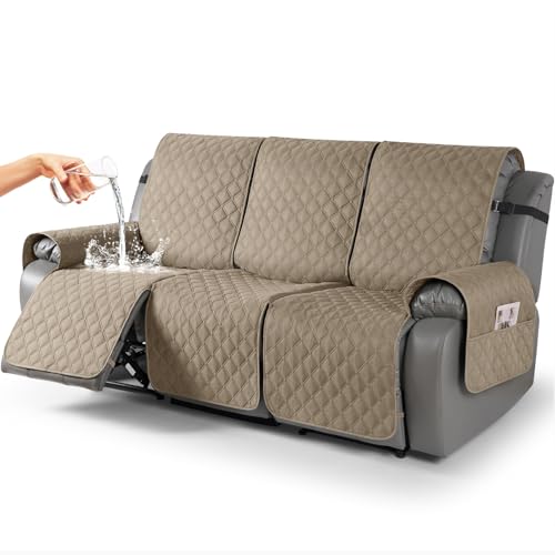 TAOCOCO 100% Waterproof Recliner Covers, Recliner Sofa Covers with Leg Straps, Reversible Recliner Couch Cover for Reclining Chair, Washable Couch Protector for Pets Kids(3 Seater, Khaki)