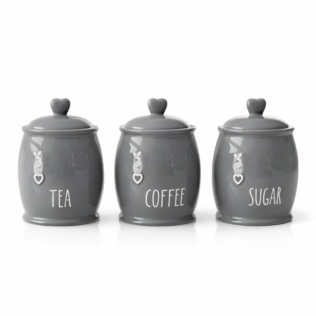 Set of 3 Storage Canisters for Tea/Coffee/Sugar, Ceramic, Grey Heart and White, One Size