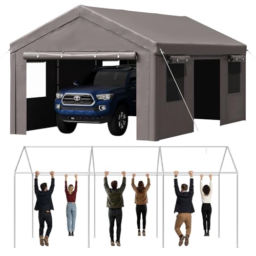 Image of Aoxun 10x20ft Heavy Duty Carport Car Canopy, Portable Garage with Sidewalls & Side Roll-up Door, Waterproof Outdoor Storage Shed for Cars, Motorcycles & Garden Equipment, Gray