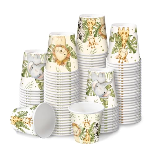 RUSPEPA 3 oz Bathroom Cups, Kids Disposable Paper Cups - 100 Pack Jungle Animals Printed - Elephant Lion Giraffe Design Mini Mouthwash Rinse Paper Cups for Home Bathroom, Picnic, Party