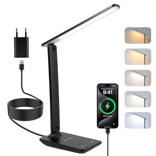 Carehabi Lampe de Bureau Puissante - 5 Modes de Couleurs et 5 Niveaux de Luminosité Réglables - Rotation sur 3 Axes - Protection des Yeux - Lampe de Lecture avec Port USB et Fonction Mémoire,Noir