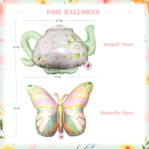 JOYFLOAT Tea Party Decorations Pastel Pink Yellow Balloon Garland Arch Kit with Teapot Butterfly Foil Balloons for Tea Party Princess Birthday Spring Garden Baby Shower Bridal Shower Decoration — view 4