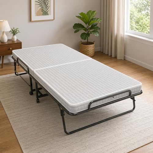 Image of Sahni Foldable Furniture Premium Rollaway Folding Bed with 4 Inch Mattress, Single Guest Bed with Lockable Wheels, Heavy Duty Metal Frame, Portable Foldable Bed for Sleeping