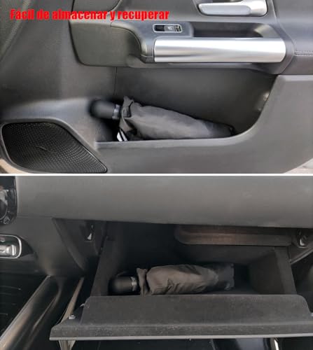 Imagen de cómo almacenar el parasol en la puerta del coche, mostrando su tamaño compacto y facilidad de acceso