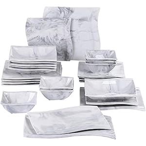 MALACASA, Flora-set, combiservies voor 6 personen, 26-delige marmergrijze serviesset, tafelservies met 6 platte borden, 6 taartborden, 6 soepborden, 6 kommen en 2 serveerborden