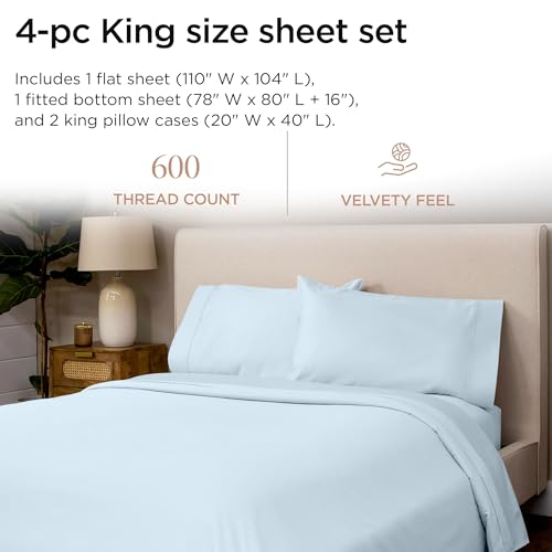 Image of Threadmill 100% Cotton Sheets for King Size Bed - 600 Thread Count King Bed Sheets Set with 16 inch Deep Pocket - Sateen Weave 4-Piece Bedding Set with Cooling Effect, Blue