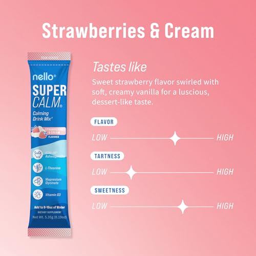 Image of Nello Supercalm Powdered Drink Mix, Cortisol Reducer*, Sleep Aid Supplement, L Theanine, Ksm-66 Ashwagandha, Magnesium Glycinate, Vitamin D 3, No Sugar, Non GMO, 20 Ct, Strawberries & Cream