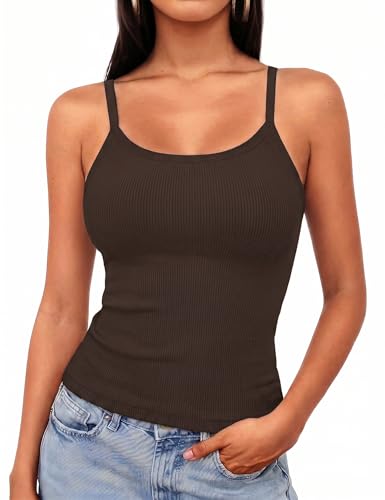 Aottori Camiseta sin Mangas Mujer Verano Camisola con Tirantes Finos Basicas Cuello Redondo Espalda Descubierta Tank Top Chic Cami Tops Liso Marrón XL
