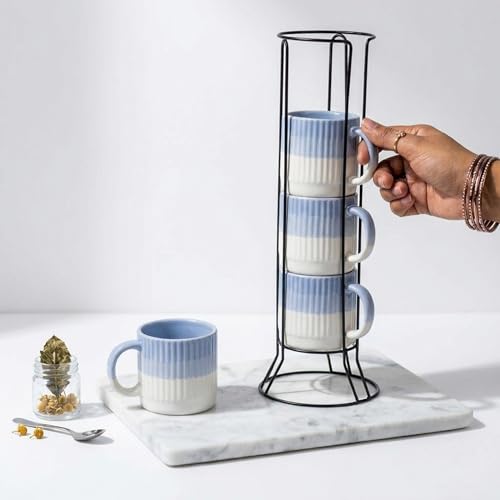Image of The Earth Store Sky Blue Fringe Premium Ceramic Cup Set of 4 for Tea, 200 ML | Microwave and Dishwasher Safe Space Saver Tea Cup with Stand | Coffee Cups for Gifting, Home & Office Use, Every Occasion
