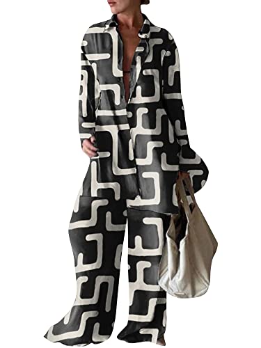 Women 2 Piece Plisse Set Outfit Long Sleeve Button Down Shirts High Waist Long Pants Pleated Casual Set Streetwear (Geometric Black-A, S) #TOP1