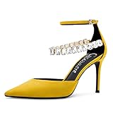 Castamere Women Stiletto High Heel Ankle Strap Pumps Diamond Crystal Pointed Toe Sandals 3.2 Inches Heels Dress Shoes, Yellow Suede, 7
