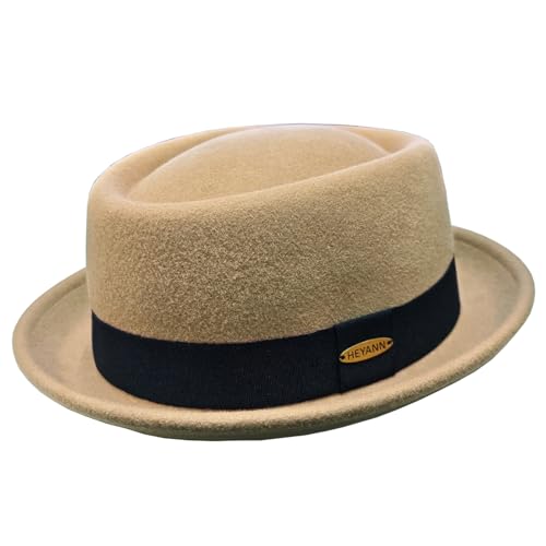 HEYANN Chapeau Fedora vintage en laine pour homme et femme, chapeau Fedora 100 % feutre de laine à bord court chapeau de porkpie gentilhomme jazz trilby...