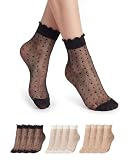 Century Star 12 Pairs Women's Polka Dot Sheer Ankle Socks，Cute Ultra Thin Lace Ruffle Nylon Socks, Mesh See Through for Summer 12 pairs (white*4 + nude*4 + black*4)