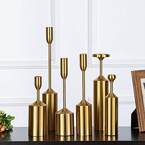 Sziqiqi Metal Taper Candle Holders Candlestick Holders Set of 6, Iron Brass Candlestick Holder Set for Taper Pillar Candles, Vintage Decor Centerpiece Candle Candlestick Holders for Table, Style 4