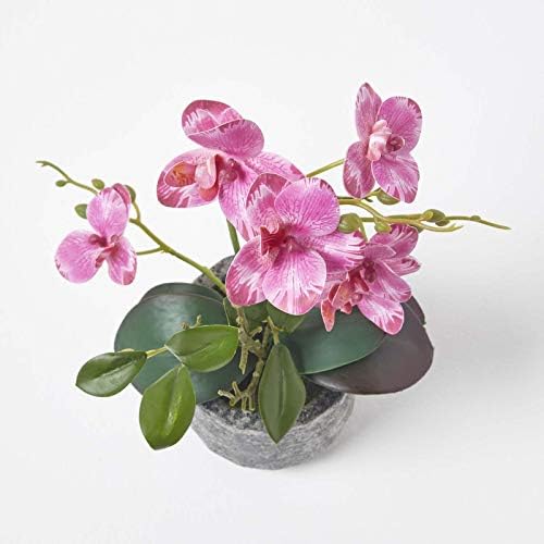 HOMESCAPES Artificial Pink Orchid in Pot 40 cm Tall Lifelike Faux Orchid Plant In Grey Cement Pot Real Touch Silk Flowers and Green Leaves Phalaenopsis Orchid Flower for Indoor Decoration
