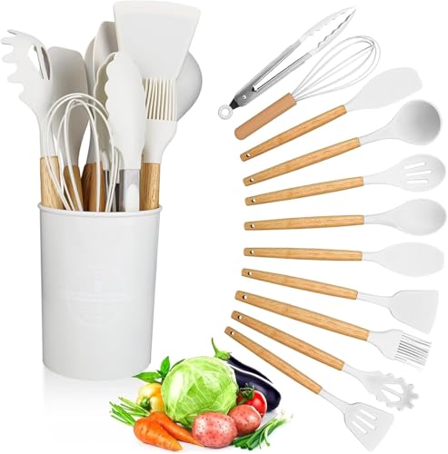 Küchenhelfer-Set, 12-teiliges Silikon-Kochutensilien-Set, mit Holzgriff, Antihaft-Kochlöffel, Silikon-Utensil