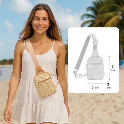 RFID Straw Crossbody Bag for Women 2025 Woven Raffia Sling Purse with Card Slots, Small Summer Crossbody Bag for Travel, Beach, Vacation(Pure Khaki)2