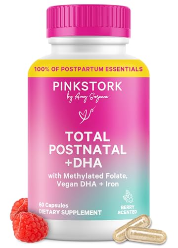 Pink Stork Total Postnatal Vitamins for Women with Vegan DHA, Iron, Folate, and Vitamin B12, Postpartum Recovery Essentials, Daily Supplement for Breastfeeding Moms - 1 Month Supply