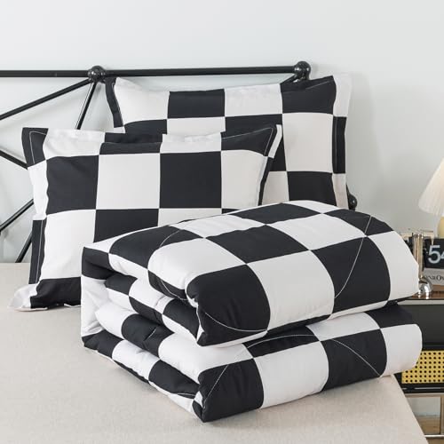 Image of Caressma Comforter Set Black White Checkered King Size Bedding Set