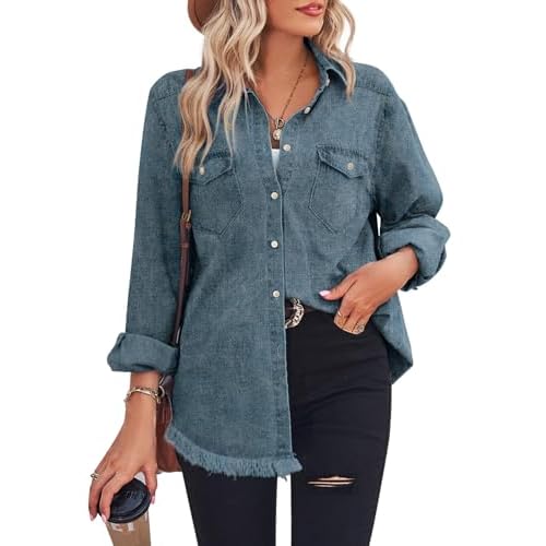 Zilcremo Women Denim Shirt Chambray Collared Jean Shirts Long Sleeve Pocket Button Down Blouses Small Washedblue
