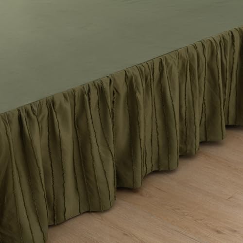 Bed Skirt Queen Size Ruffled Bed Skirt with Split Corners, 16 Inch Drop Dust Ruffle Bed Skirts with Platform, Tufted Boho Bed Skirting, Striped, Green, 16" Queen