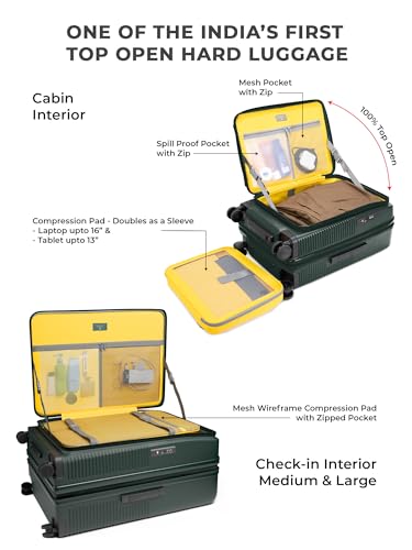 Image of EUME Aerotop Cabin, Checkin Medium & Large Trolley Bag Set of 3 | Space Saving Top Open Suitcase | Expandable Hard Polycarbonate Luggage | TSA Lock, Anti Theft Zipper, Silent Wheels | Pine Green