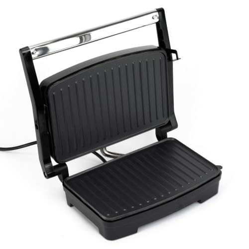 Huslog Parrilla Eléctrica Panini Grill 1000W, Placas Antiadherentes, Mango Cool Touch, Apertura Ajustable, Indicador Luminoso, Base Antideslizante, Acero Inoxidable, Compacta y Robusta, Negro