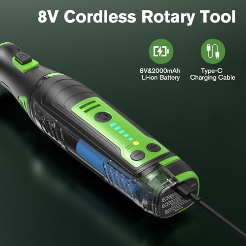 Ginour Multifunktionswerkzeug Akku 8V 2.0Ah Mini Rotationswerkzeug mit LED-Licht 5 Gang 5000-30000 U/min 153 Multifunktionswerkzeug Zubehör Set für Bohren, Gravieren, Polieren, Schleifen – Bild 4