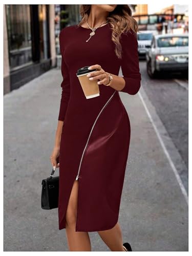 Image of SOLY HUX Women's Patchwork Leather Zipper Dress Crew Neck Long Sleeve Split Hem Elegant Bodycon Dress