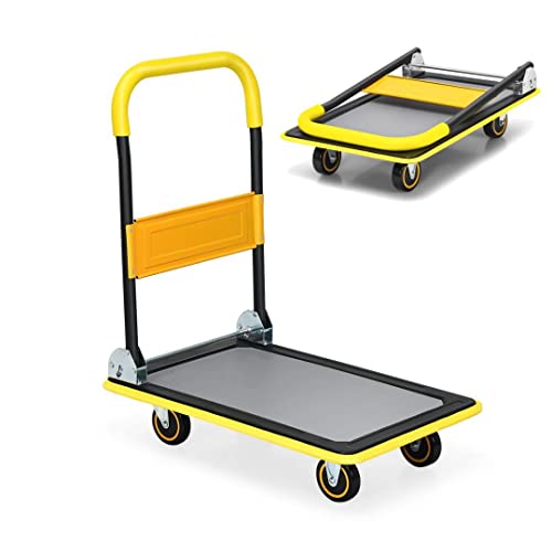 TANGZON Folding Push Cart Dolly, Rolling Flatbed Luggage Cart with 360° Swivel Wheels, Garage Warehouse Moving Platform Hand Push Truck(Yellow, 73 x 49 x 83cm, 150KG Capacity)