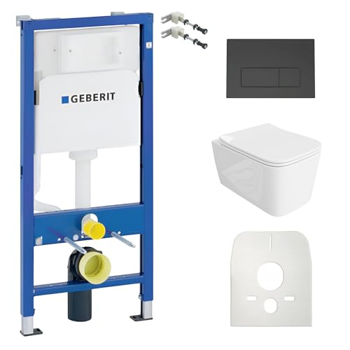 Lavita Duofix Basic Vorwandelement + Wand Tiefspül WC Murya Weiß Spülrandlos + WC Sitz + Bedienplatte Delta 25 Schwarzer Knopf Komplettset Unterputz Spülkasten Toilette Komplett Sett WC