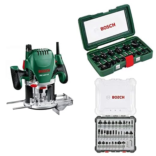 Bosch POF 1400 ACE - Fresadora de superficie (1.400 W, en maletín) + Set de 15 fresas de metal duro (para madera, vástago de 8 mm, accesorios para fresadora) + Juego de 30 fresas
