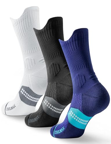 Juclise Bambus-Viskose Coolmax Crew Kompressionssocken zum Laufen für Sport Wandern Basketball Training Anti-Blister (DE/NL/SE/PL Numerisch 47 51 Regular Regular Schwarz+Weiß+Blau)