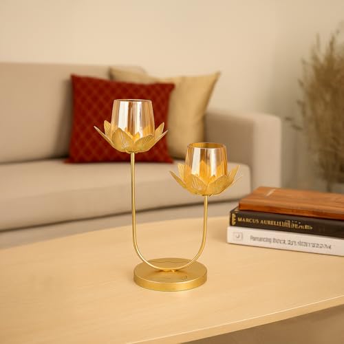 Image of MARKET 99 Metal + Glass 2 Votive T-Light Holder | U-Shaped Golden Candle Stand for Christmas, Diwali, Birthdays & Weddings | Elegant Home & Festive Ambient Decor Lighting
