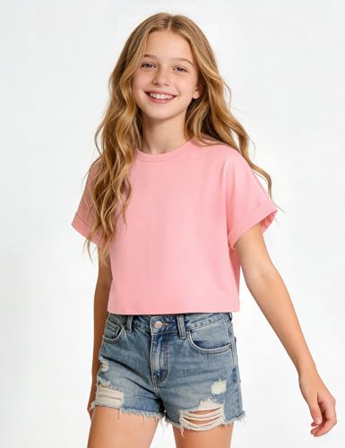 Image of Girls Crop Tops Short Sleeve T-Shirts for Girl Crew-Neck Basic Tee Size 7-14 Years