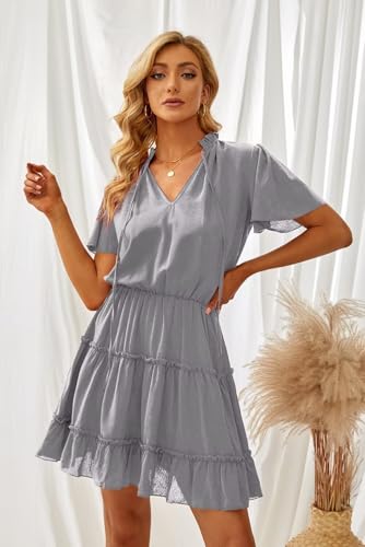 Image of Dokotoo Womens Spring Summer 2025 Short Sleeve Split V Neck Ruffle Chiffon Elegant Mini Short Skirt Dresses