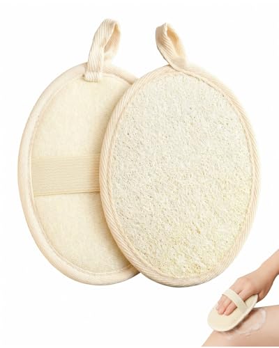Luxorium 2 éponges de bain en luffa naturel 9x14 cm, serviette exfoliante écologique pour le corps, éponge de douche végétale pour femmes et hommes,...