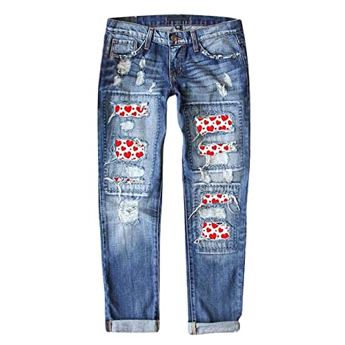 Women's Plaid Patchwork Boyfriend Distressed Jeans Light Sweatpant Jeans Wide Leg High Waisted with Pockets