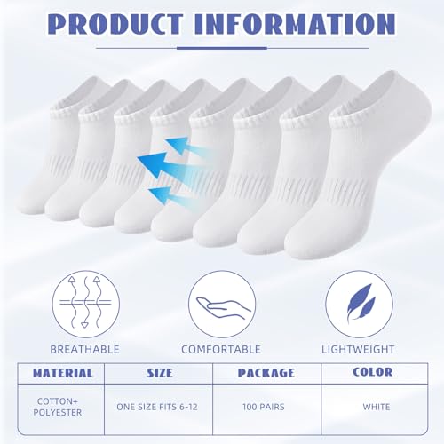 100 Pcs Low Cut Ankle Socks in Bulk for Homeless White Unisex Thin Breathable Socks No Show Anti Slid Athletic Socks3