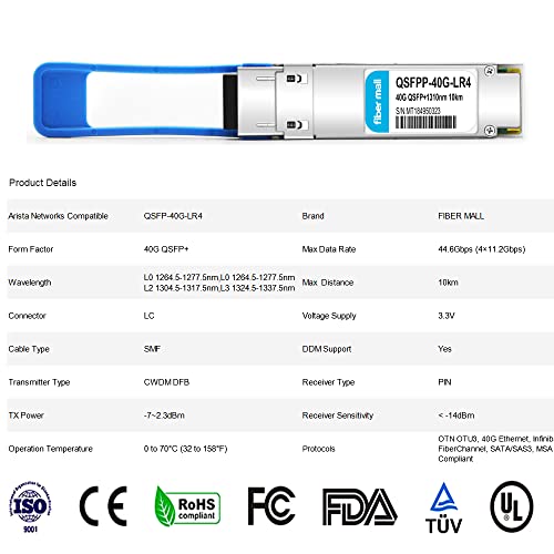 Image of QSFP 40G + LR4 for Arista Networks QSFP-40G-LR4,40GBASE-LR4 QSFP+ 1310nm (CWDM4) 10km LC DOM Optical Transceiver Module