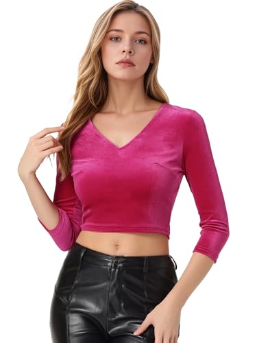 Allegra K Women's Velvet Blouse V Neck Long Sleeve Saree Crop Top Hot Pink S