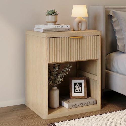 GAOMON Fluted Bedside Table, 1-Drawer with Charging Station, Open Storage & Rounded Corners for Bedroom, Mid Century Modern, Natural Oak, 1-pcs