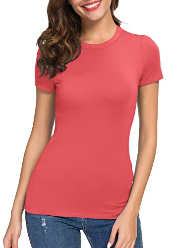 Women's Crewneck Slim Fitted Short Sleeve T-Shirt Stretchy Bodycon Basic Tee Tops (L, Coral) #TOP3