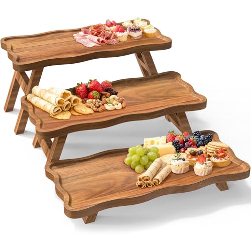 Acacia Wood 3 Tier Cupcake Stand Serving Tray for Party Foldable Dessert Table Display Set Tiered Tray Decor for Party Birthday Wedding Christmas