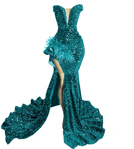 Sparkly Prom Dress Glitter Sequin Feather Split Pageant Celebrity Gala Evening Dress