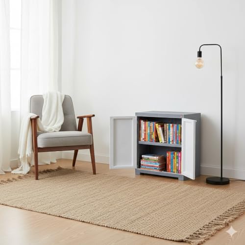 Image of Cello Novelty Compact Bookshelf, White & Grey | 2 Dustproof Doors | Space Saving Cupboard | Plastic Book Shelf | Multipurpose Book Shelf for Home, Office | Book Organizer for Library